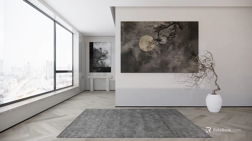 Modern Interior With Large Windows Wall Art Moon Tree Branches Gray Rug White Vase 3d model 