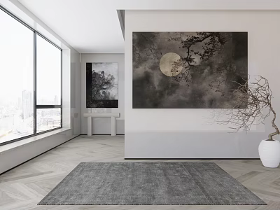 Modern Interior With Large Windows Wall Art Moon Tree Branches Gray Rug White Vase 3d model