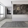 Modern Interior With Large Windows Wall Art Moon Tree Branches Gray Rug White Vase