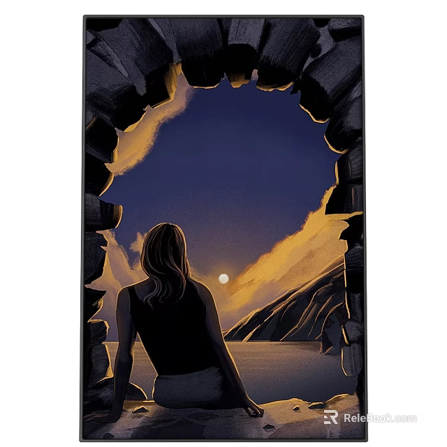 Woman Silhouette At Cave Entrance With Sunset Sky Moon Mountains And Water 3d model 