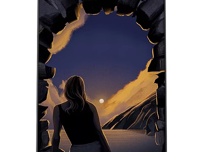 Woman Silhouette At Cave Entrance With Sunset Sky Moon Mountains And Water 3d model