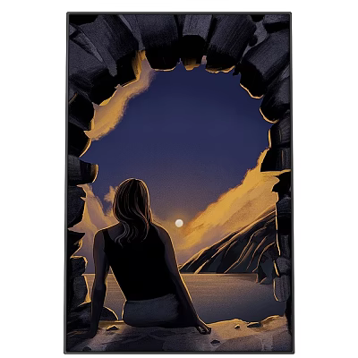 Woman Silhouette At Cave Entrance With Sunset Sky Moon Mountains And Water 3d model