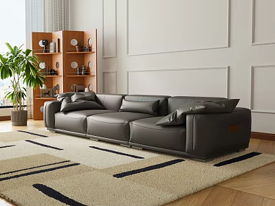 Luxurious Gray Leather Sectional Sofa In Modern Living Room With Area Rug And Wooden Shelves 3d model