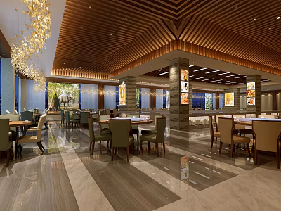 Modern Restaurant Interior With Wooden Ceiling Golden Chandeliers Dining Tables And Marble Floor 3d model
