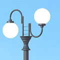 Outdoor Street Light With Black Pole And Two White Globe Lamps