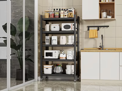 Modern Black Bathroom Storage Rack with Multi-layer Design Rolling Wheels and White Containers 3d model