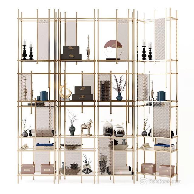 Elegant Gold Frame Display Shelving With Decorative Vases Books And Candlesticks 3d model 