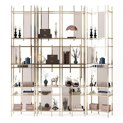 Elegant Gold Frame Display Shelving With Decorative Vases Books And Candlesticks 3d model