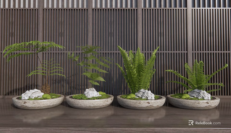 Bonsai Potted Plants in Round Stone Planters with Moss and Stones Against Wooden Lattice Background 3d model 