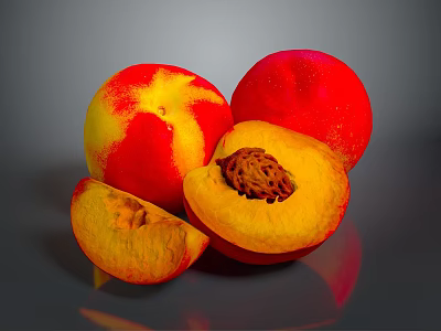 Fresh Juicy Red and Yellow Peaches With Sliced Flesh and Visible Pit 3d model