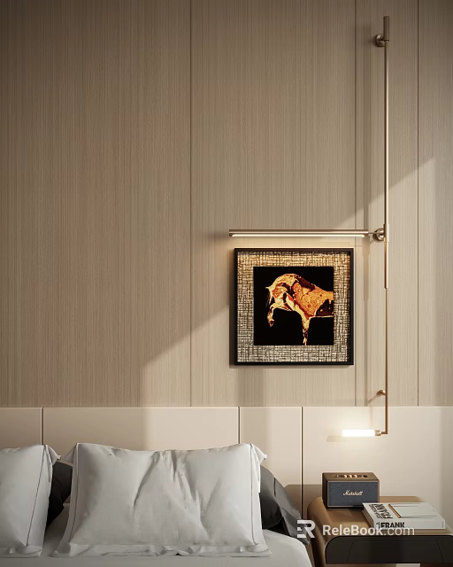 Abstract Painting With Black Frame On Beige Wall In Bedroom Interior With Hanging Light Fixture 3d model 