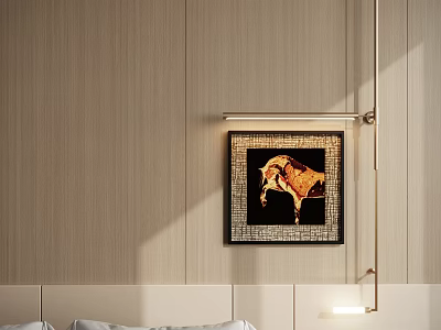 Abstract Painting With Black Frame On Beige Wall In Bedroom Interior With Hanging Light Fixture 3d model