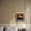 Abstract Painting With Black Frame On Beige Wall In Bedroom Interior With Hanging Light Fixture