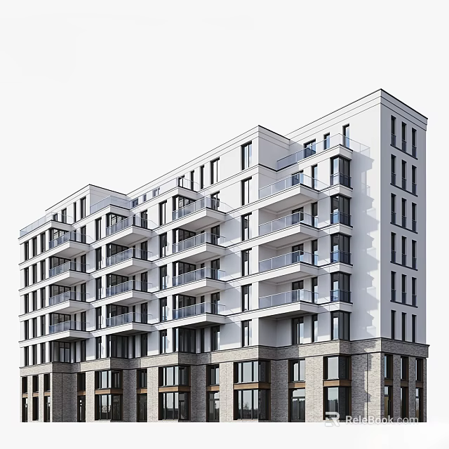 Modern Multi Storey Residential Building With White Facade Balconies And Large Windows 3d model 