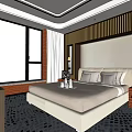 Modern Hotel Guest Room With King Bed Large Windows And Patterned Carpet