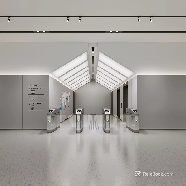 Modern Lift Lobby With Metallic Walls Polished Gray Flooring Skylight Illumination Signage And Turnstiles 3d model 