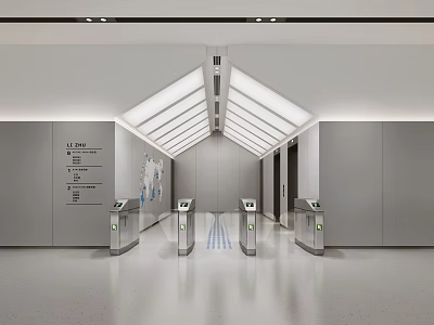 Modern Lift Lobby With Metallic Walls Polished Gray Flooring Skylight Illumination Signage And Turnstiles 3d model