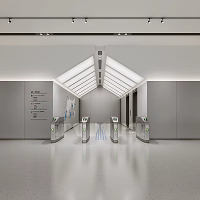 Modern Lift Lobby With Metallic Walls Polished Gray Flooring Skylight Illumination Signage And Turnstiles 3d model