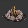 Natural Scenic Outdoor Fire Pit with Stacked Logs and Surrounding Stones