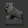 Ancient Stone Lion Statue Kneeling On Square Pedestal With Carved Details