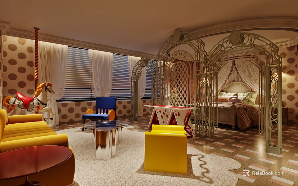 Unique Whimsical Fairy Tale Themed Hotel Guest Room With Vibrant Creative Interior Furniture Decorations 3d model 
