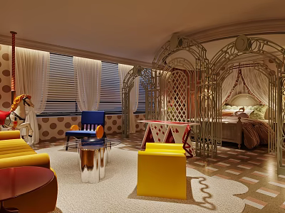 Unique Whimsical Fairy Tale Themed Hotel Guest Room With Vibrant Creative Interior Furniture Decorations 3d model