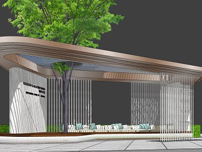 Modern Pergola With Curved Roof Large Tree And Seating Benches On Stone Floor 3d model