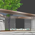 Modern Pergola With Curved Roof Large Tree And Seating Benches On Stone Floor