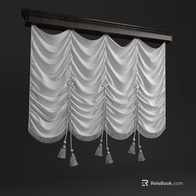 Luxurious White Pleated Curtains With Elegant Tassel Details And Knot Accents 3d model 