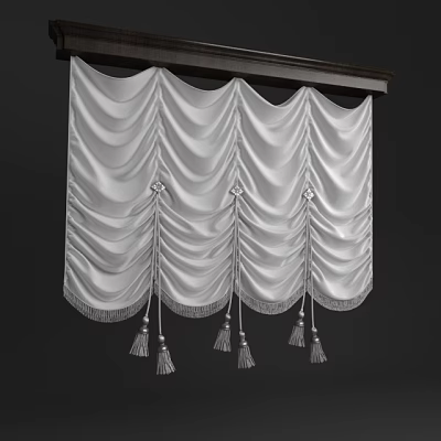 Luxurious White Pleated Curtains With Elegant Tassel Details And Knot Accents 3d model