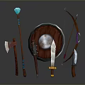Fantasy Medieval Weapons Display Featuring Shield Axe Sword Bow Staff And Dagger 3d model