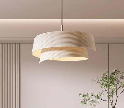 Modern Layered Pendant Light With White Shade And Soft Glow Near Green Plant 3d model