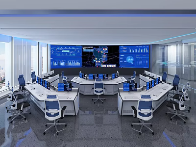 Modern Monitoring Room Featuring Multiple Large Screens Displaying Data Charts Control Consoles Computers Office Chairs 3d model