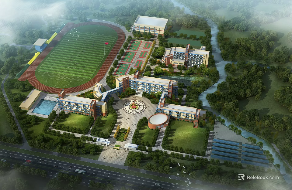 Modern School Buildings on Campus with Sports Field Greenery and River View 3d model 