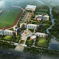 Modern School Buildings on Campus with Sports Field Greenery and River View
