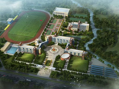 Modern School Buildings on Campus with Sports Field Greenery and River View 3d model