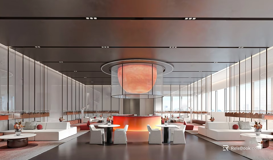 Modern Sales Office Interior Design With Reception Desk And Comfortable Seating 3d model 