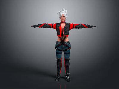 Woman with white hair wearing red black top blue jeans knee pads and arms outstretched 3d model