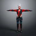 Woman with white hair wearing red black top blue jeans knee pads and arms outstretched
