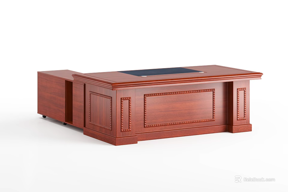 Mahogany Wooden Office Desk With Carved Details And Black Desktop Mat 3d model 
