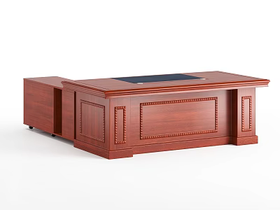 Mahogany Wooden Office Desk With Carved Details And Black Desktop Mat 3d model