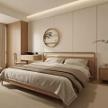 Minimalist Modern Bedroom Interior With Wooden Elements Round Decorative Painting Sliding Doors And Rug