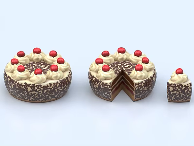 Delicious Three Chocolate Cakes One Sliced With Red Cherries Chocolate Shavings And Cream 3d model
