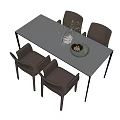 Gray Rectangular Dining Table Set with Black Legs Four Dark Brown Chairs and Decorative Centerpiece 3d model