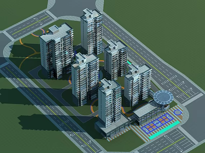 High Rise Residential Buildings With Modern Design Surrounding Roads Green Spaces And Community Plaza 3d model