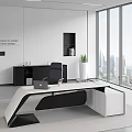 Modern Black And White Office Desk With Laptop Cup And Potted Plant By Large Window