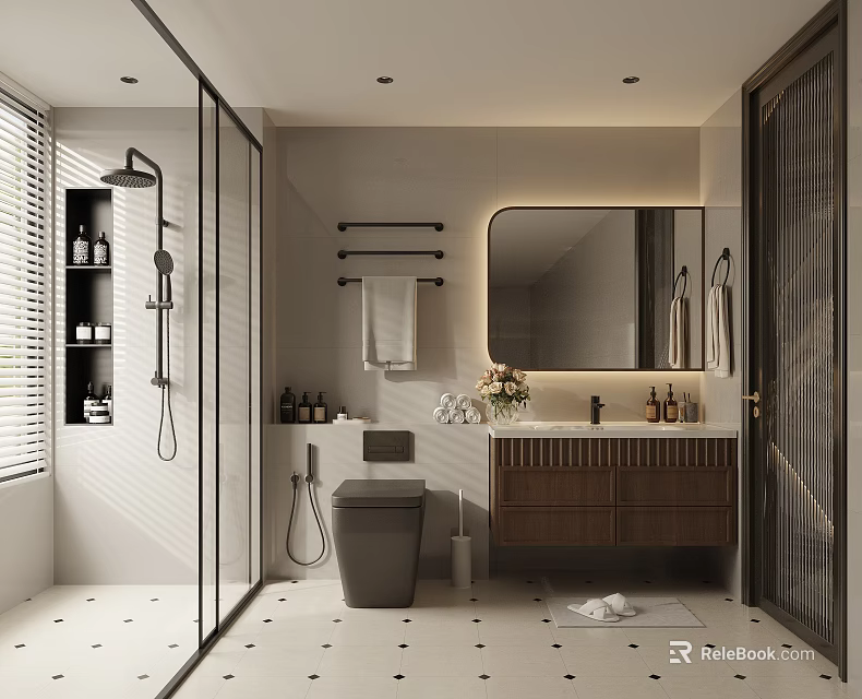 Modern Warm Minimalist Bathroom With Wooden Vanity LED Backlit Mirror And Glass Shower Enclosure 3d model 