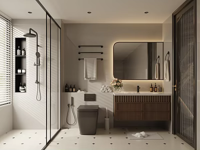 Modern Warm Minimalist Bathroom With Wooden Vanity LED Backlit Mirror And Glass Shower Enclosure 3d model