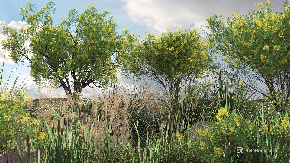 Lush Trees With Yellow Flowers Growing In Grassy Field And Stones Under Blue Sky 3d model 
