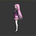 Game Movie Character With Pink Blue Twin Tails Purple Coat Pink Plaid Skirt White Stockings